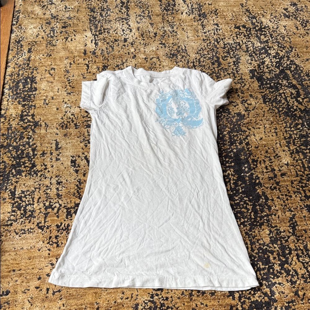 Women's White Short Sleeve Tee with Blue Design